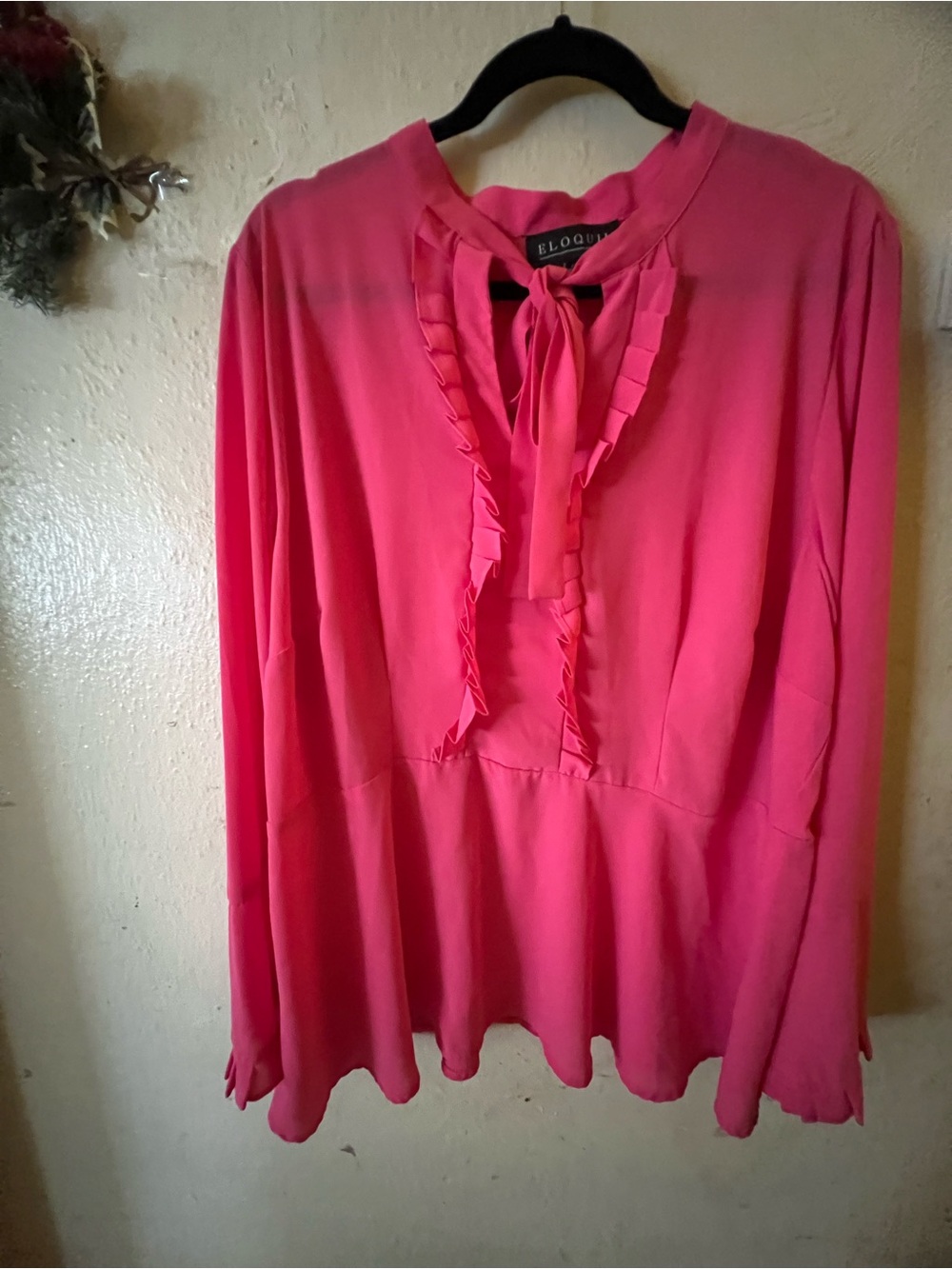 Eloquii Hot Pink Ruffle Tie-Neck Blouse